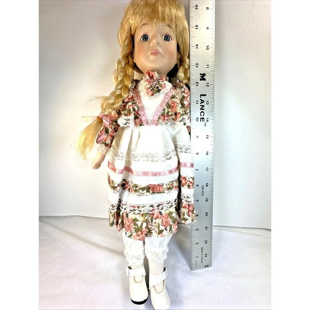 VTG Porcelain Doll Blonde Pigtails/Blue Eyes and Smock Dress with Straw Hat NIB